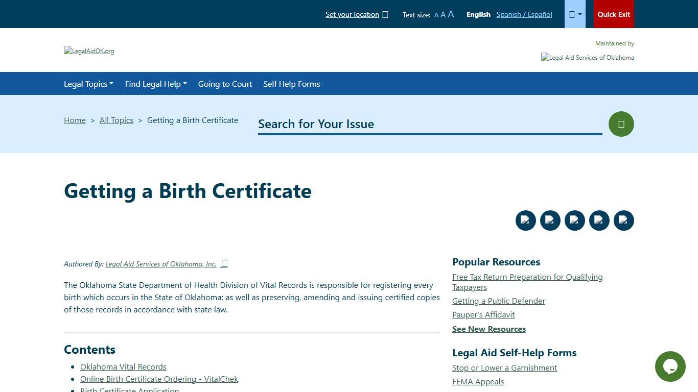 Getting a Birth Certificate Welcome to Legal Aid Services of Oklahoma's guide to free legal help in Oklahoma.